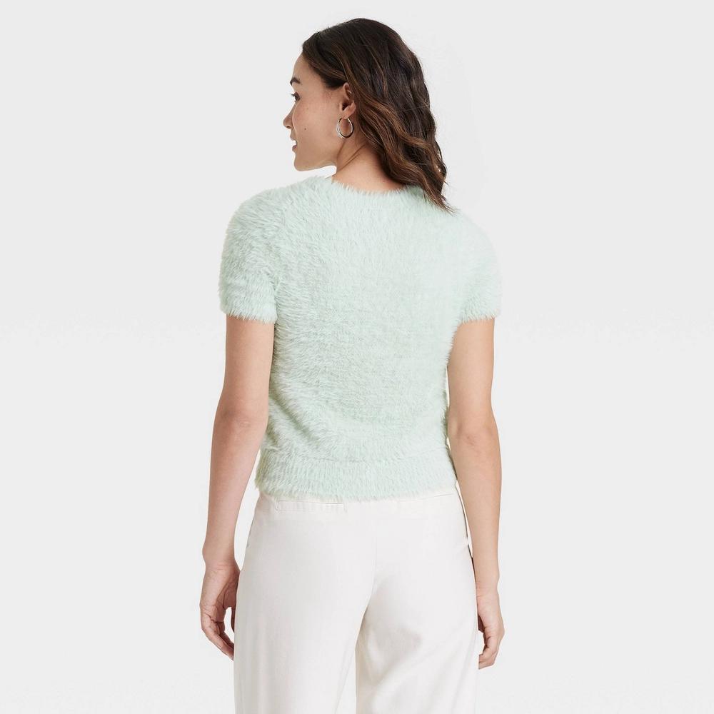 Womens Fuzzy Short Sleeve Crewneck Pullover Sweater - A New Day Mint XL Product Image