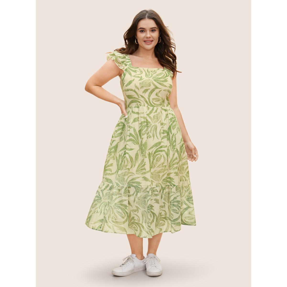 Plus Size Cotton Square Neck Floral Print Tiered Ruffles Dress LightGreen Women Casual Ruffles Square Neck Cap Sleeve Curvy BloomChic 26/4X Product Image