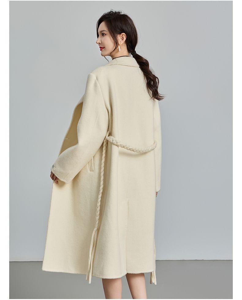 Set: Peak Lapel Plain Double-Breasted Long Coat + Belt Product Image