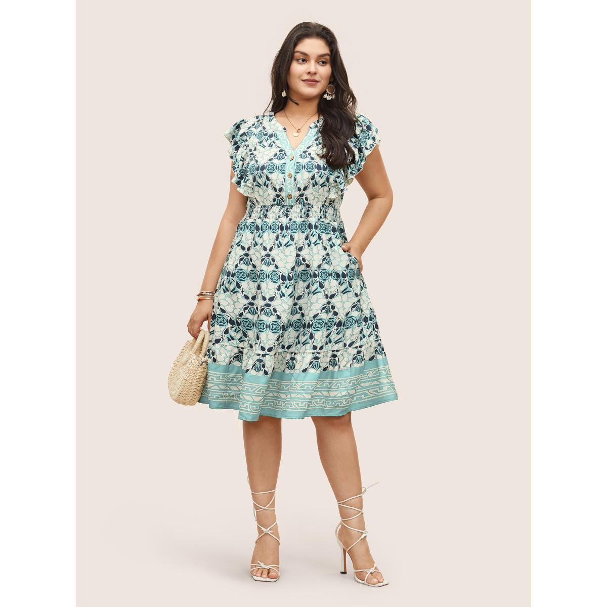 Plus Size Boho Print Ruffles Shirred Pocket Elastic Waist Dress Turquoise Women Resort Non Notched collar Cap Sleeve Curvy Midi Dress BloomChic 10/M Product Image