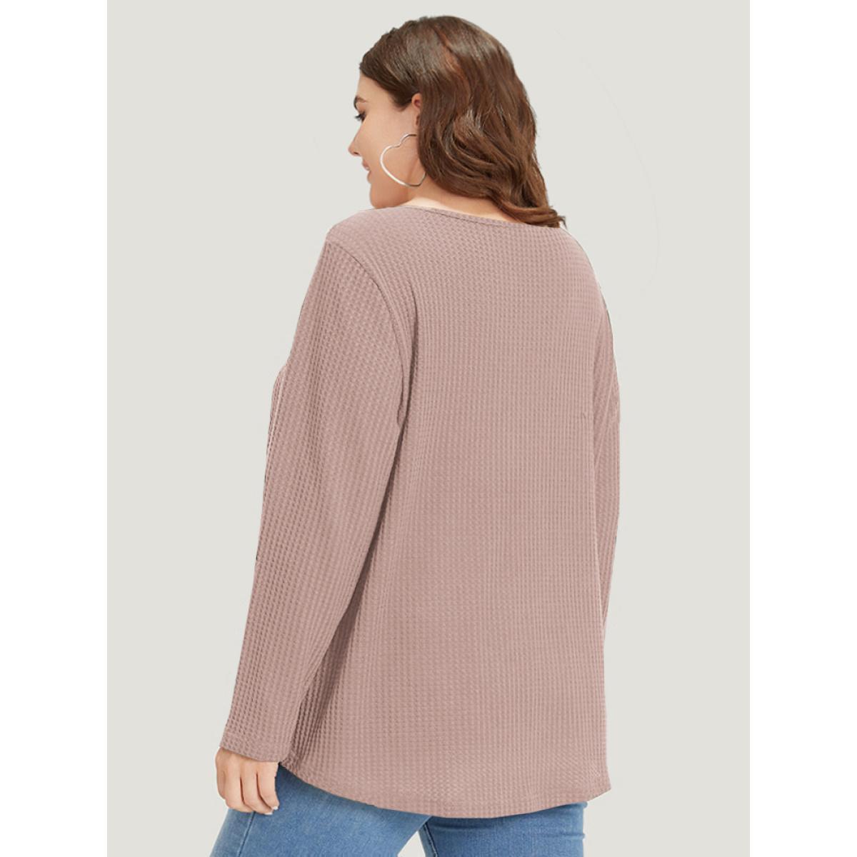 Plus Size Plain Waffle Knit Scoop Neck Plicated Detail T-shirt DustyPink Women Casual Non Plain V-neck Everyday T-shirts BloomChic 30/6X Product Image