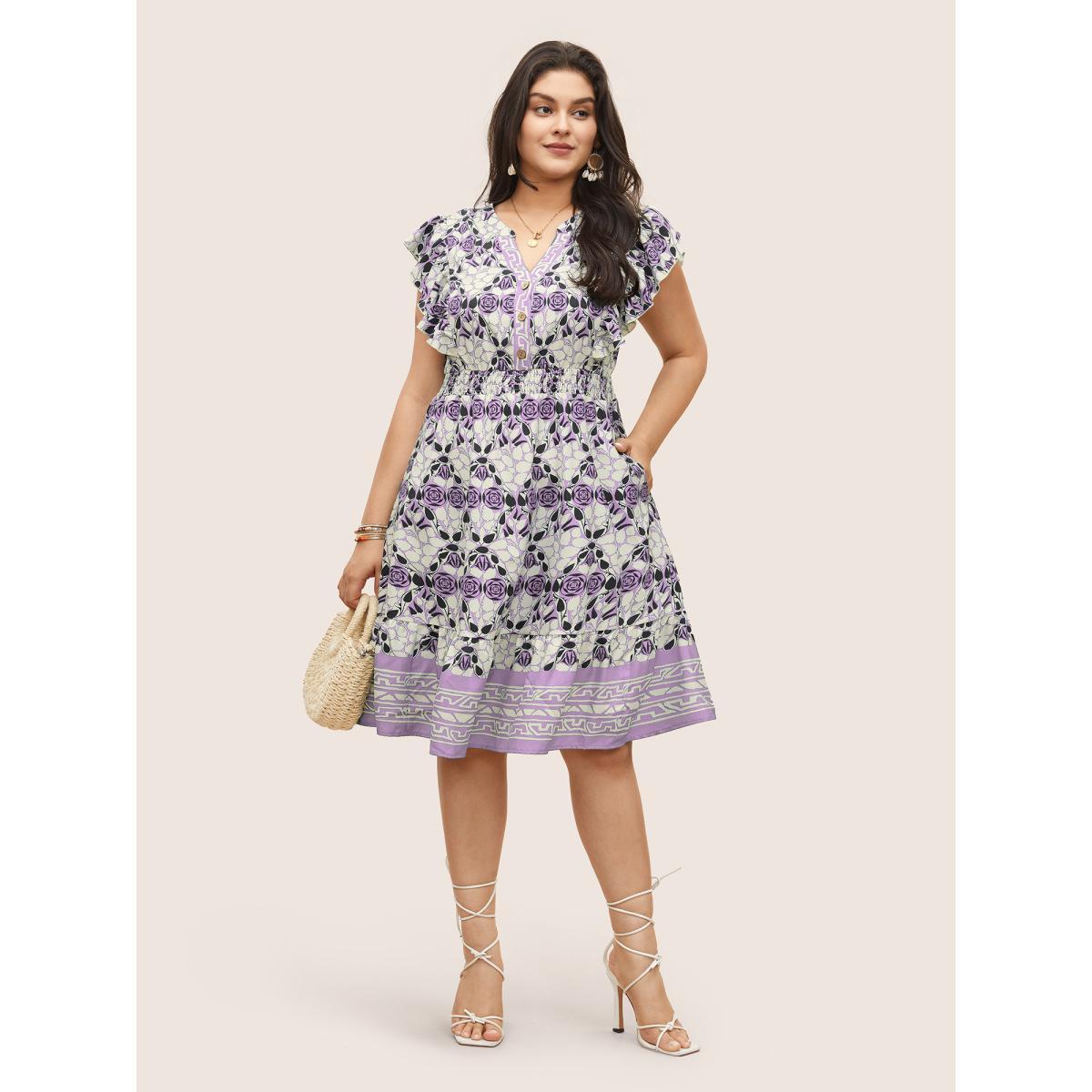 Plus Size Boho Print Ruffles Shirred Pocket Elastic Waist Dress Lilac Women Resort Non Notched collar Cap Sleeve Curvy Midi Dress BloomChic 14-16/1X Product Image