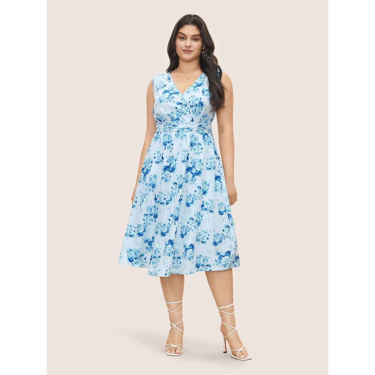 Plus Size Overlap Collar Floral Sleeveless Ruched Dress LightBlue Women Elegant Gathered Overlap Collar Sleeveless Curvy Midi Dress BloomChic 12/L Product Image