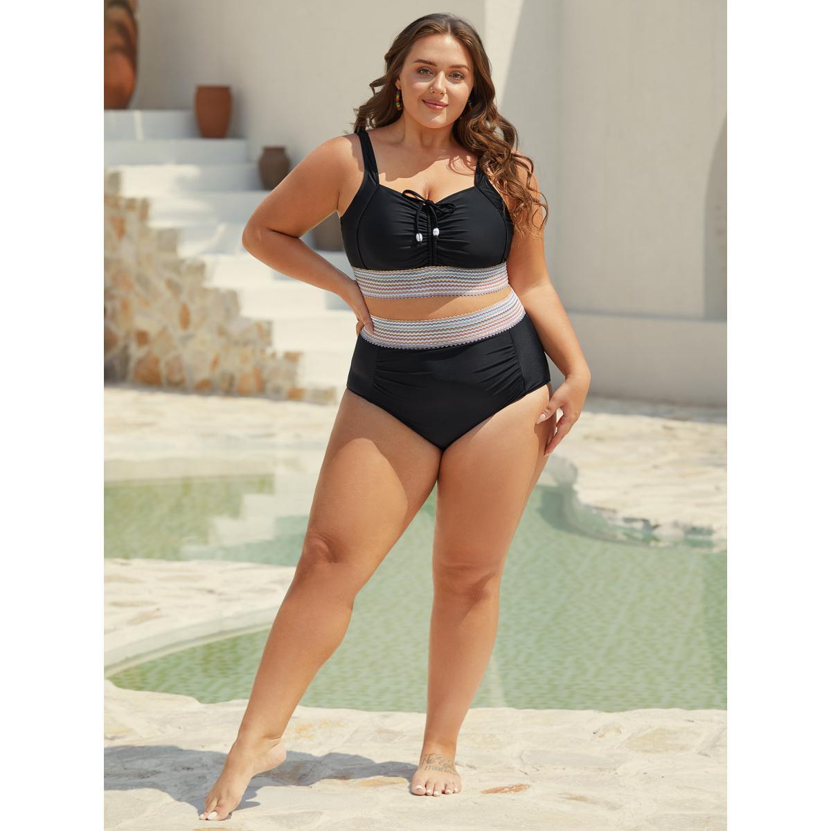 Plus Size Patchwork Ruched Drawstring Swim Top Women's Swimwear Black Beach Patchwork High stretch Skinny Non Curve Swim Tops BloomChic 30/6X Product Image
