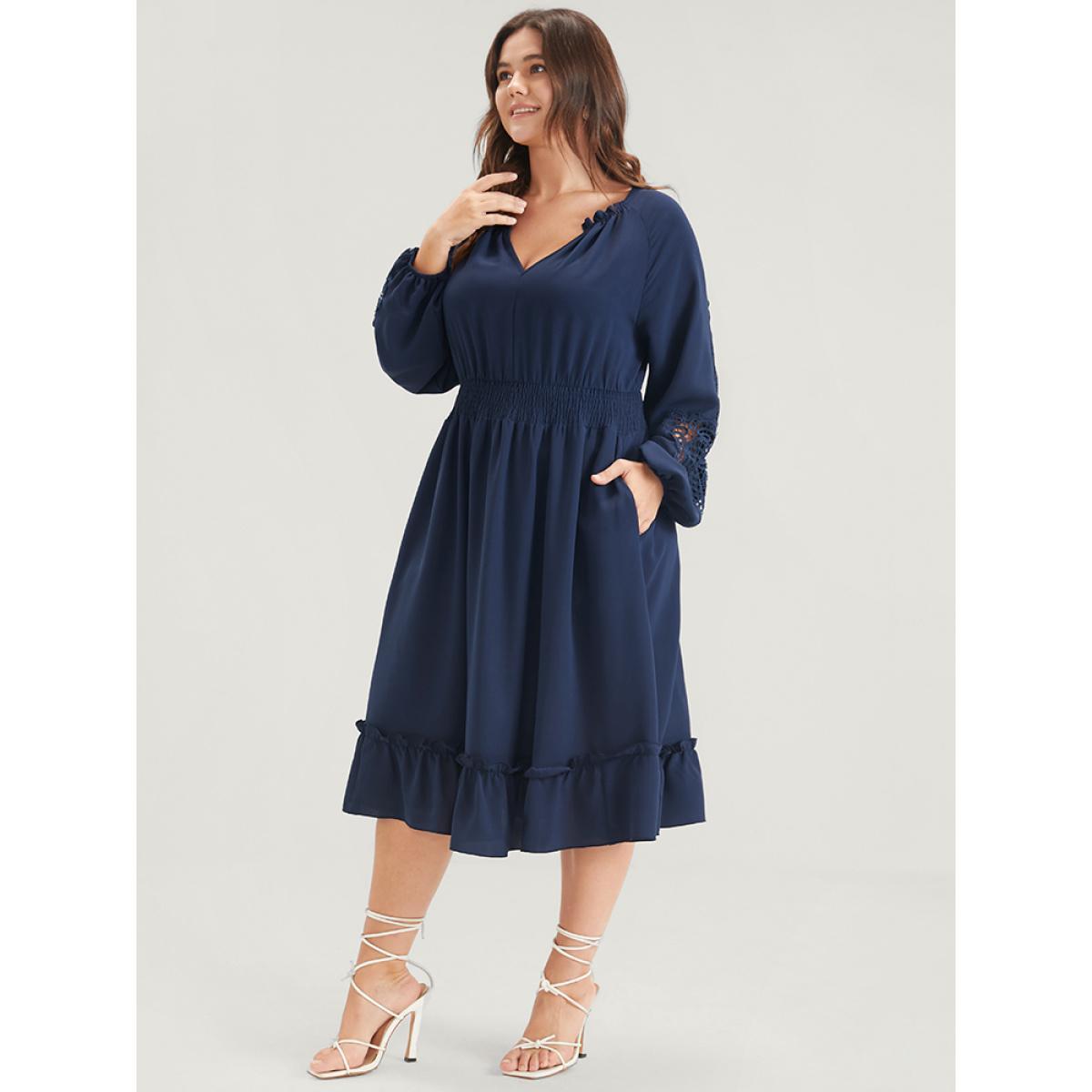 Plus Size Solid Pocket Crochet Lace Lantern Sleeve Ruffle Shirred Midi Dress DarkBlue Women Dating Plain V-neck Long Sleeve Curvy Midi Dress BloomChic 10/M Product Image