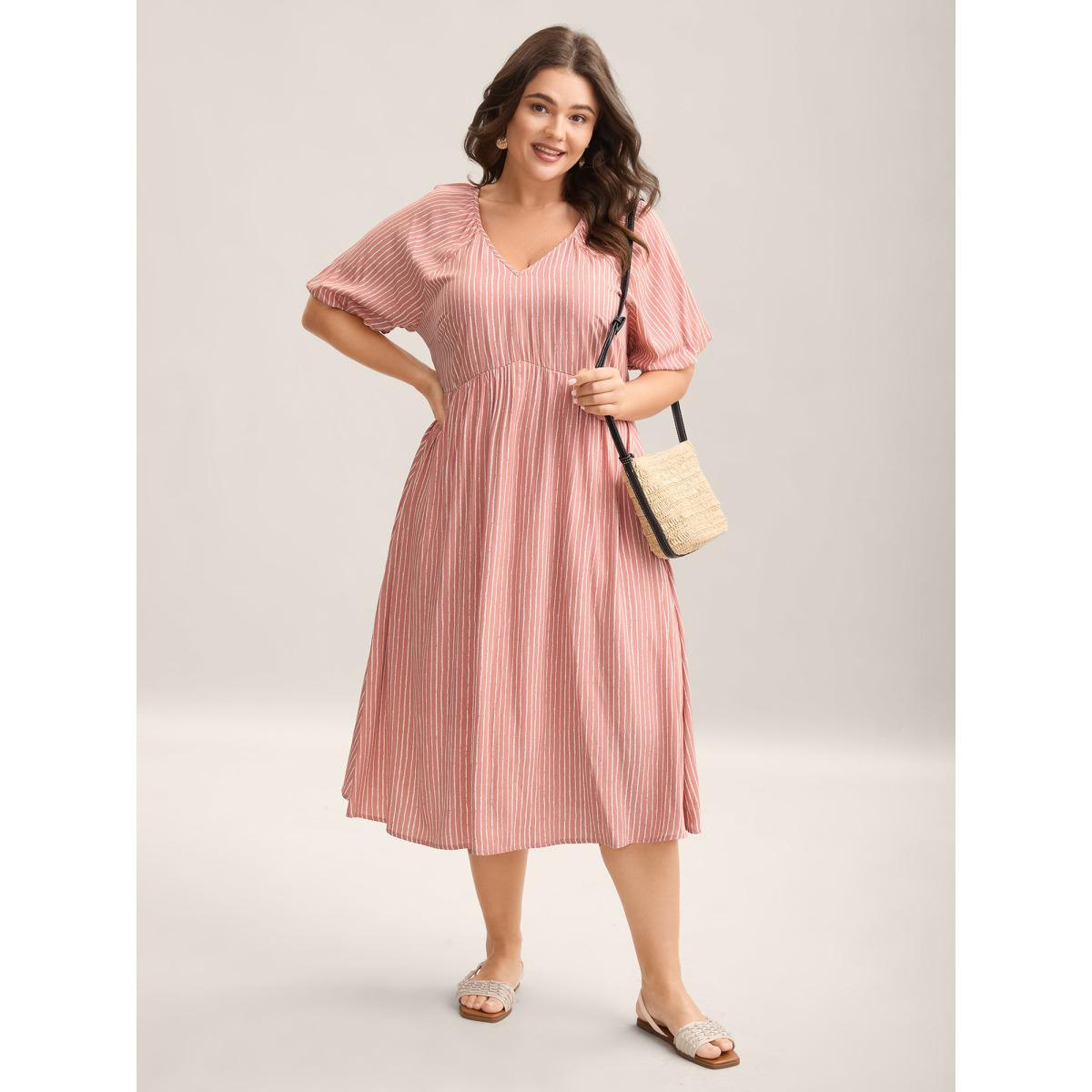 Plus Size Rayon Stripe Print Puff Sleeve A-Line Dress Lightpink Women Flat collar with V-notch Cap Sleeve Curvy BloomChic 28/5X Product Image