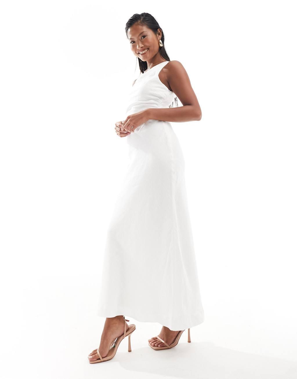 Ever New Petite linen asymmetrical midi dress in white Product Image