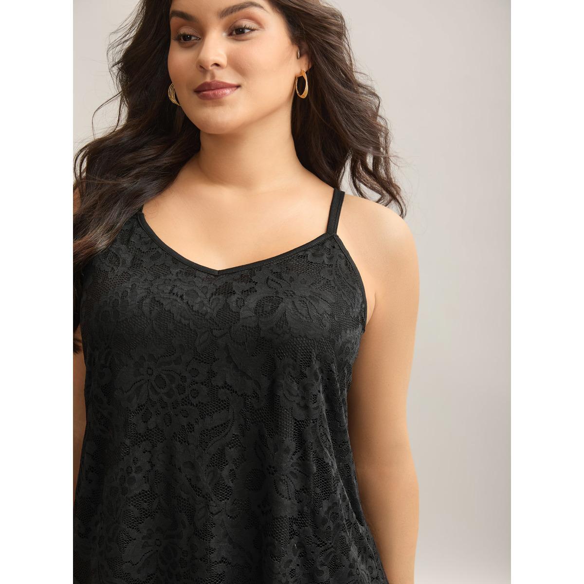 Plus Size Floral Lace Lined Tank Top Women Black Non V-neck Everyday-Elegant Tank Tops Camis BloomChic 28/5X Product Image