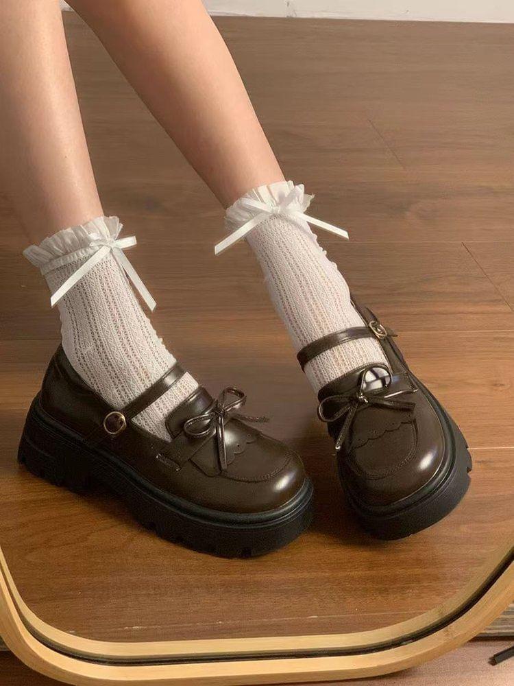 Platform Plain Bow Accent Faux Leather Mary Jane Loafers Product Image