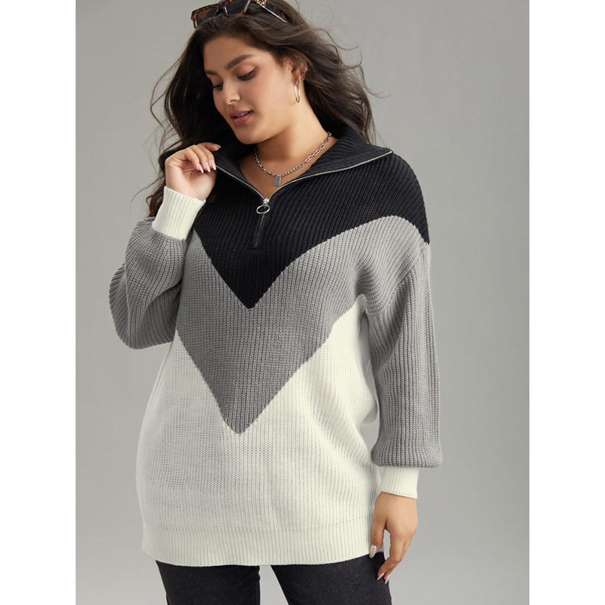 Plus Size Colorblock Patchwork Zipper Lapel Collar Pullover Multicolor Women Casual Long Sleeve Lapel Collar Everyday Pullovers BloomChic 26/4X Product Image