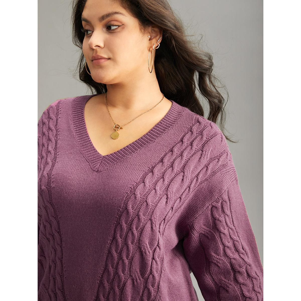Plus Size Solid Cable Knit V Neck Split Side Pullover Mauve Women Casual Loose Long Sleeve V-neck Everyday Pullovers BloomChic 22-24/3X Product Image