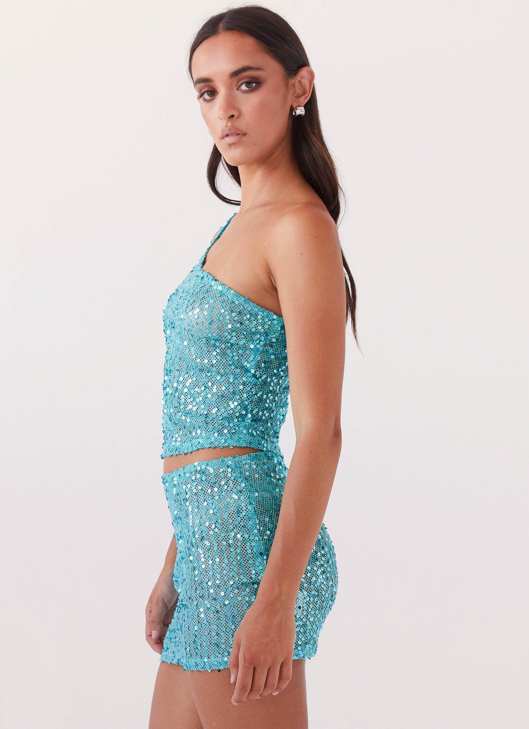 Neon Nights Sequin One Shoulder Top - Crystal Product Image