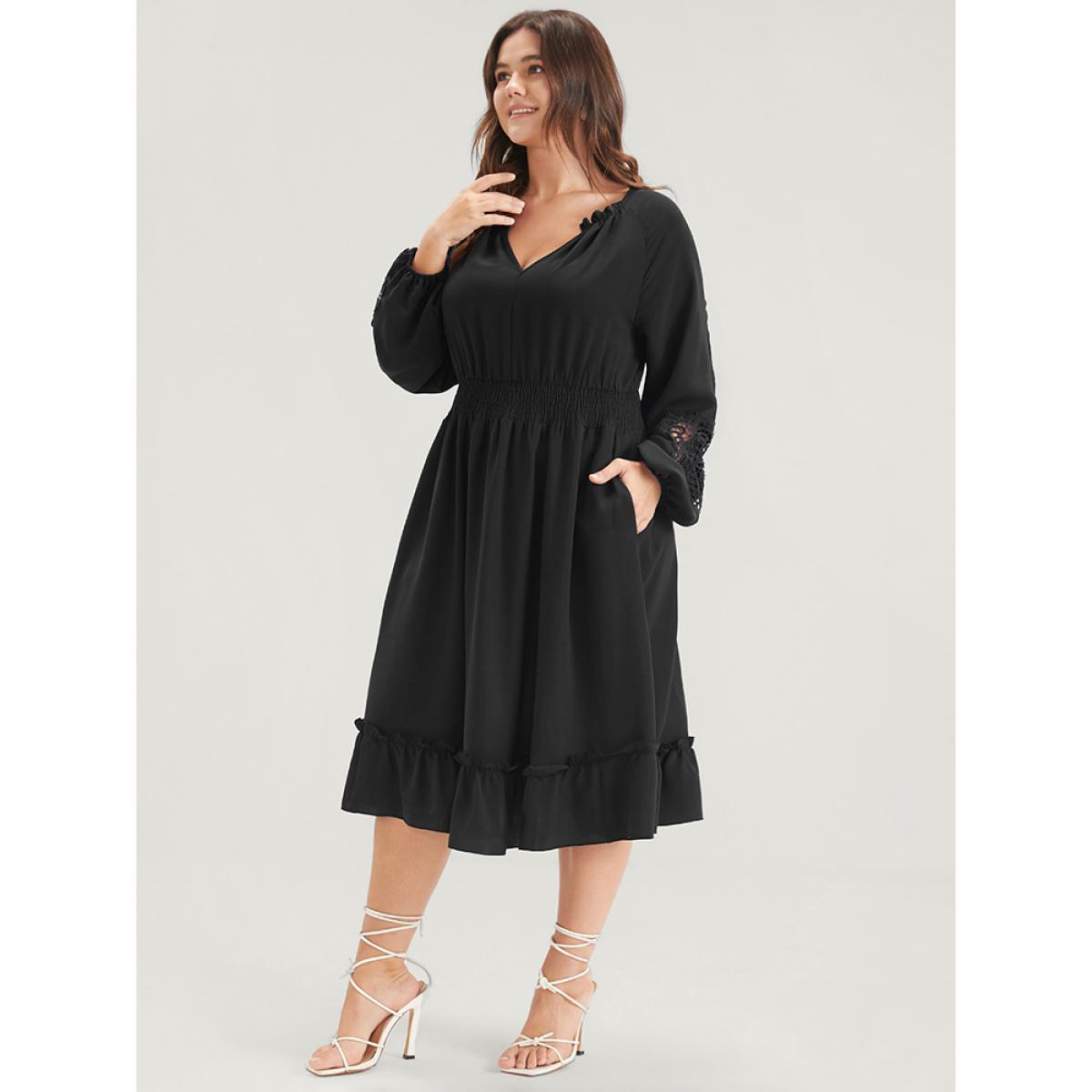 Plus Size Solid Pocket Crochet Lace Lantern Sleeve Ruffle Shirred Midi Dress Black Women Dating Plain V-neck Long Sleeve Curvy Midi Dress BloomChic 18-20/2X Product Image