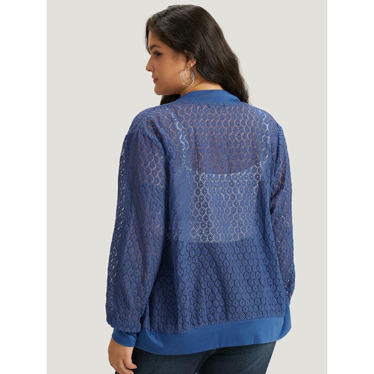 Plus Size Plain Lace Patchwork Zipper Cut Out Jacket Women Aegean Plain Dailywear Jackets BloomChic 12/L Product Image