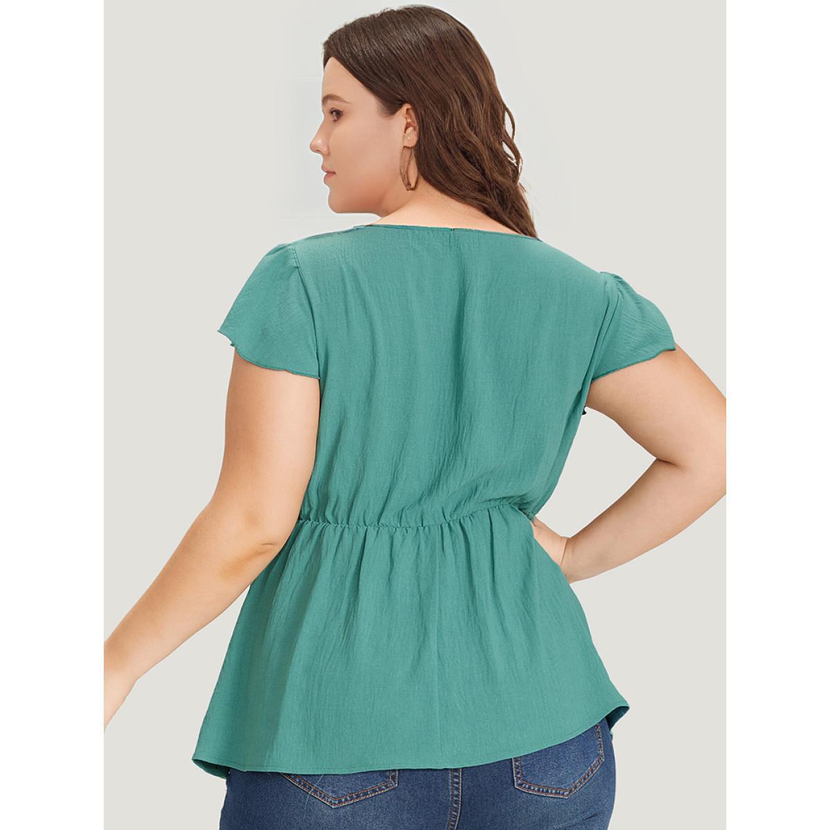Plus Size Mint Solid Pleated Flutter Cap Sleeve Blouse Women Elegant Cap Sleeve V-neck Dailywear Blouses BloomChic 22-24/3X Product Image