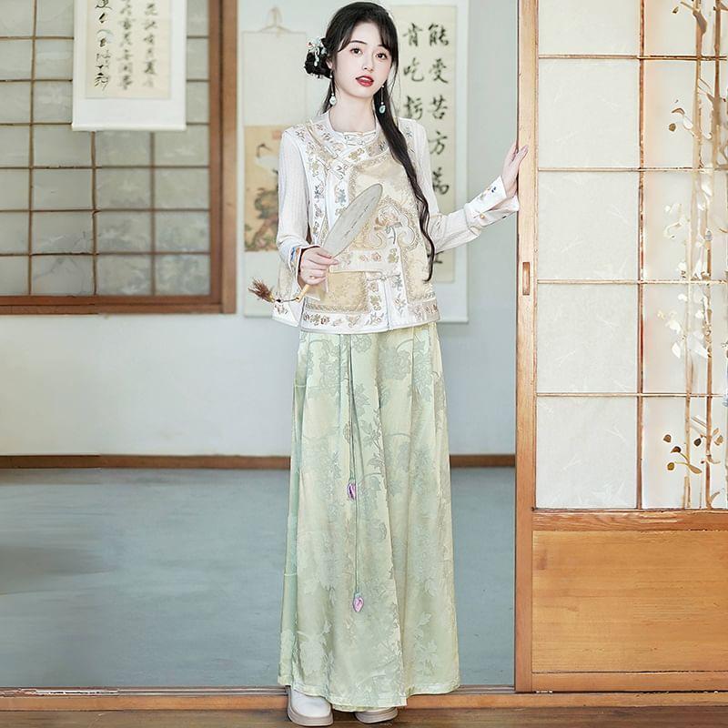 Long-Sleeve Floral Embroidered Top / High Waist Floral Jacquard Wide Leg Pants / Vest Product Image