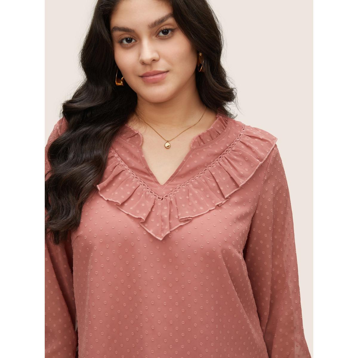 Plus Size DustyPink Texture Shirred Lace Patchwork Frill Trim Blouse Women Elegant Long Sleeve V-neck Everyday Blouses BloomChic 30/6X Product Image