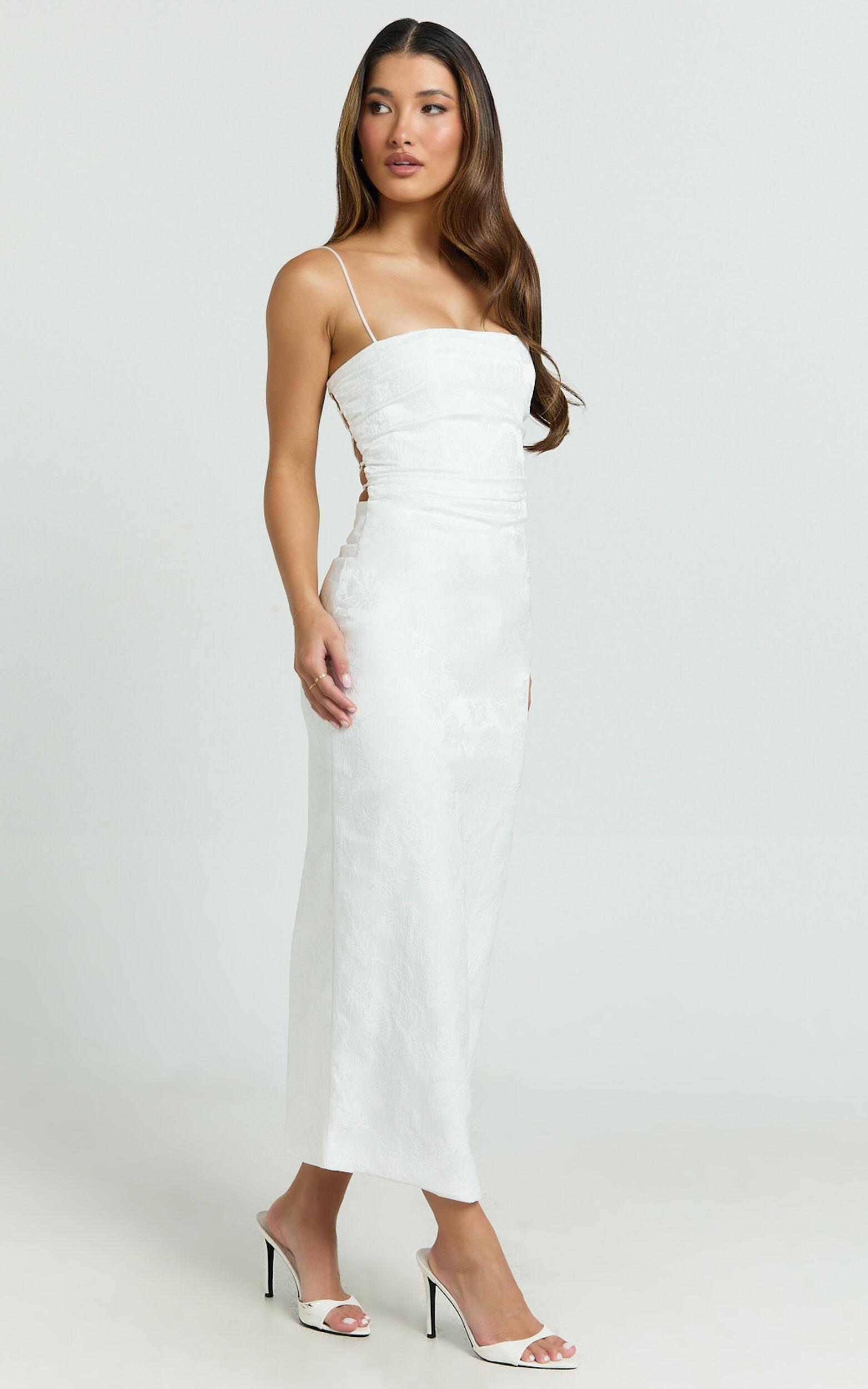Indiana Midi Dress - Jacquard Square Neck Lace Back Fitted Dress in White Product Image