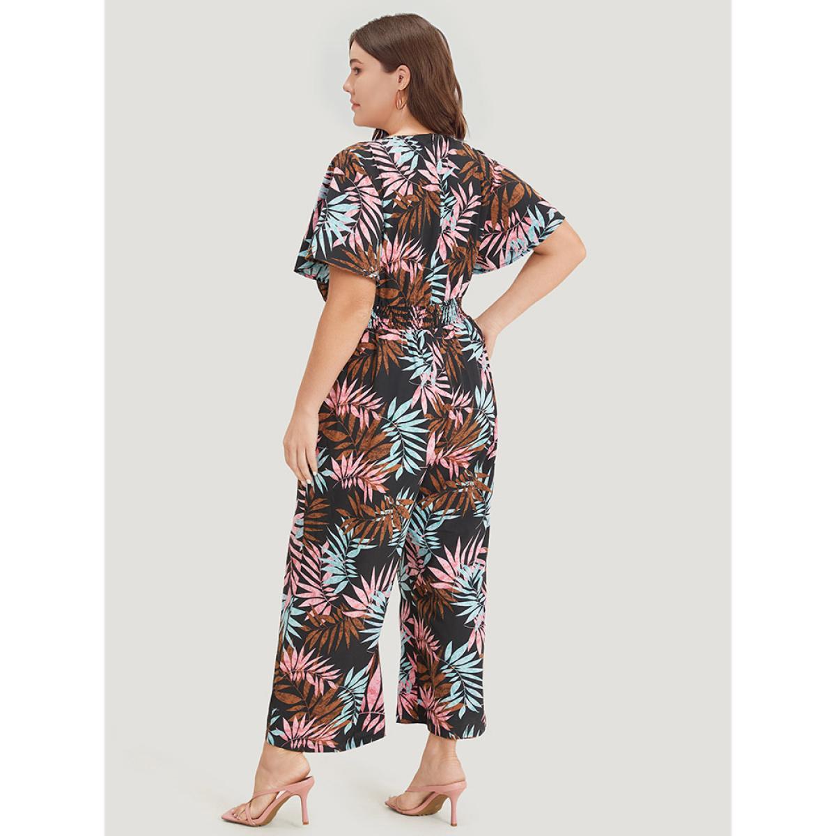 Plus Size Black Tropical Print Knot Neck Shirred Wrap Jumpsuit Women Elegant Short sleeve Tie Neck Dailywear Loose Jumpsuits BloomChic 30/6X Product Image