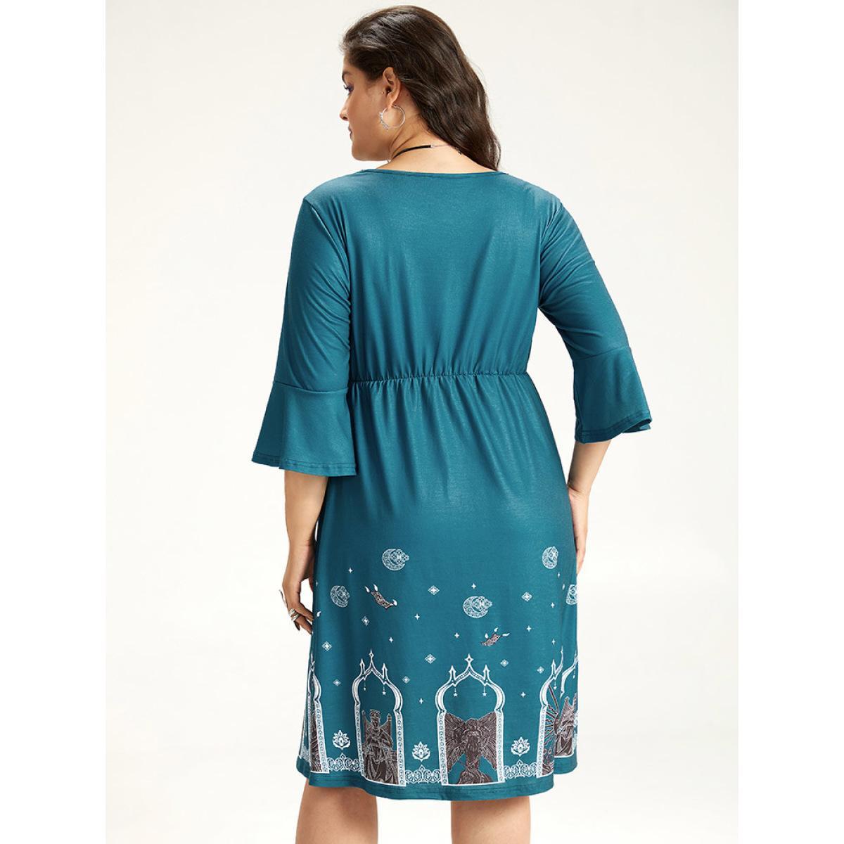 Plus Size Halloween Graphic Pocket Ruffle Trim Gathered Dress Emerald Women Casual Printed V-neck Elbow-length sleeve Curvy Midi Dress BloomChic 18-20/2X Product Image
