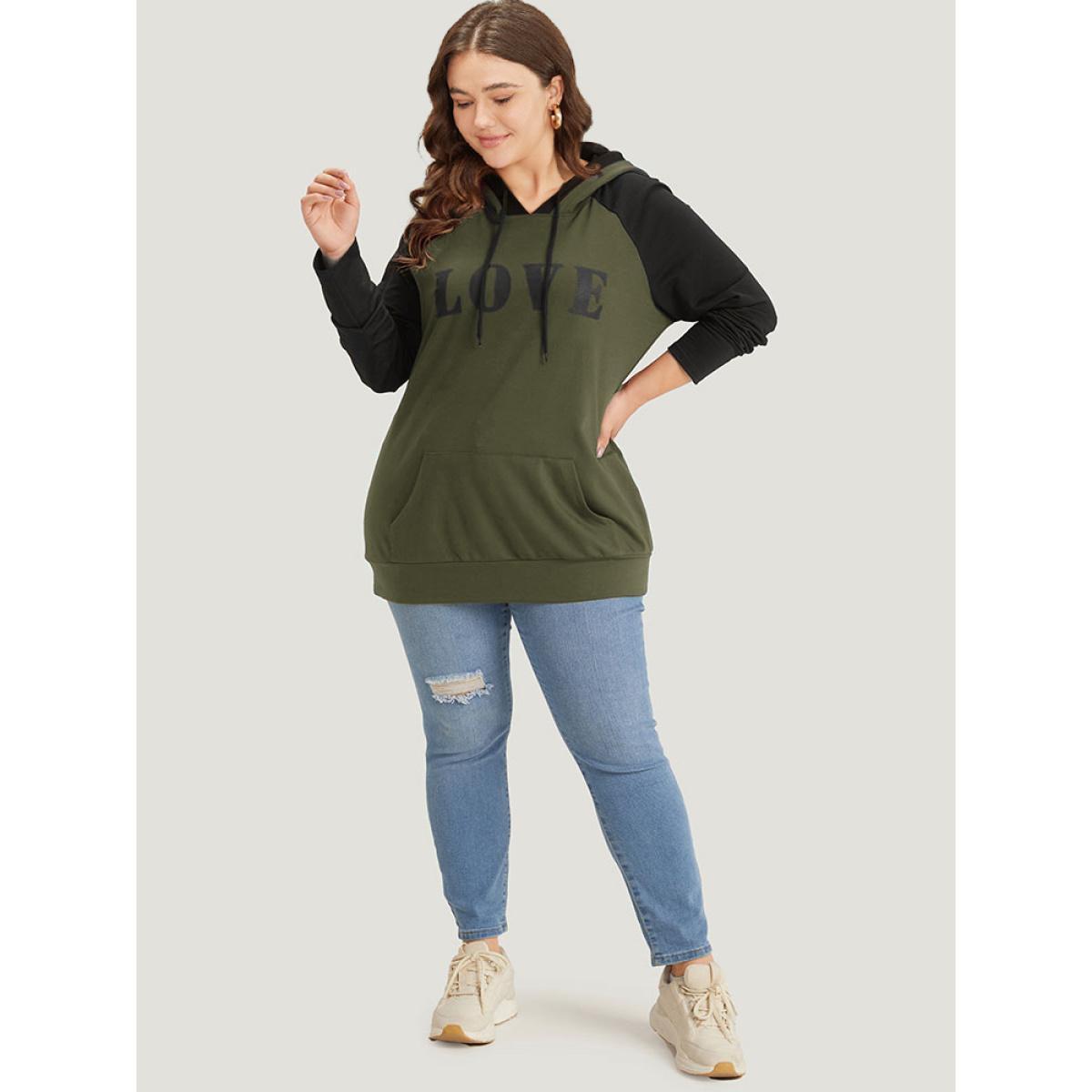 Plus Size Letter Print Contrast Hooded Pocket Drawstring Sweatshirt Women ArmyGreen Casual Elastic cuffs Dailywear Sweatshirts BloomChic 22-24/3X Product Image