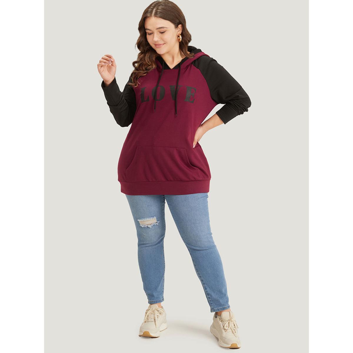 Plus Size Letter Print Contrast Hooded Pocket Drawstring Sweatshirt Women Multicolor Casual Elastic cuffs Dailywear Sweatshirts BloomChic 28/5X Product Image
