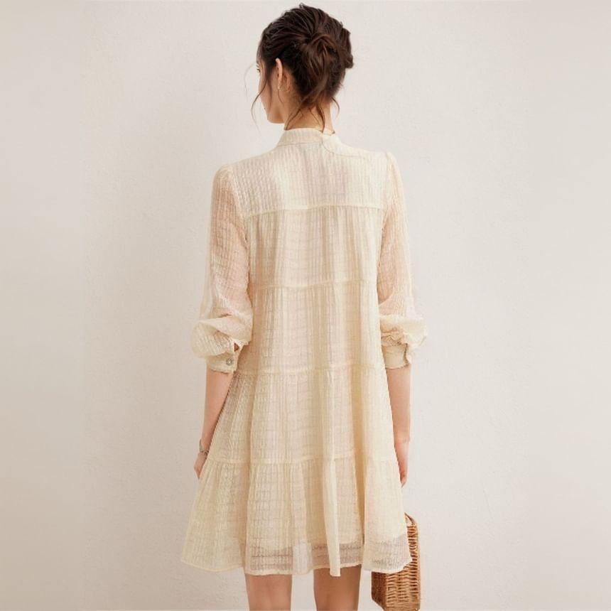 Long-Sleeve Tie-Neck Plain Tiered Button A-Line Dress Product Image