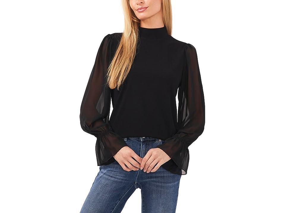 CeCe Womens Sheer Printed Long-Sleeve Mock Neck Top Product Image