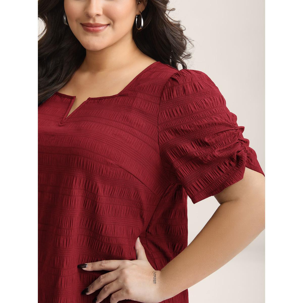Plus Size DarkGreen Textured Gathered Sleeve Split Neck Blouse Women Short sleeve Asymmetrical Neck Work Blouses BloomChic 28/5X Product Image