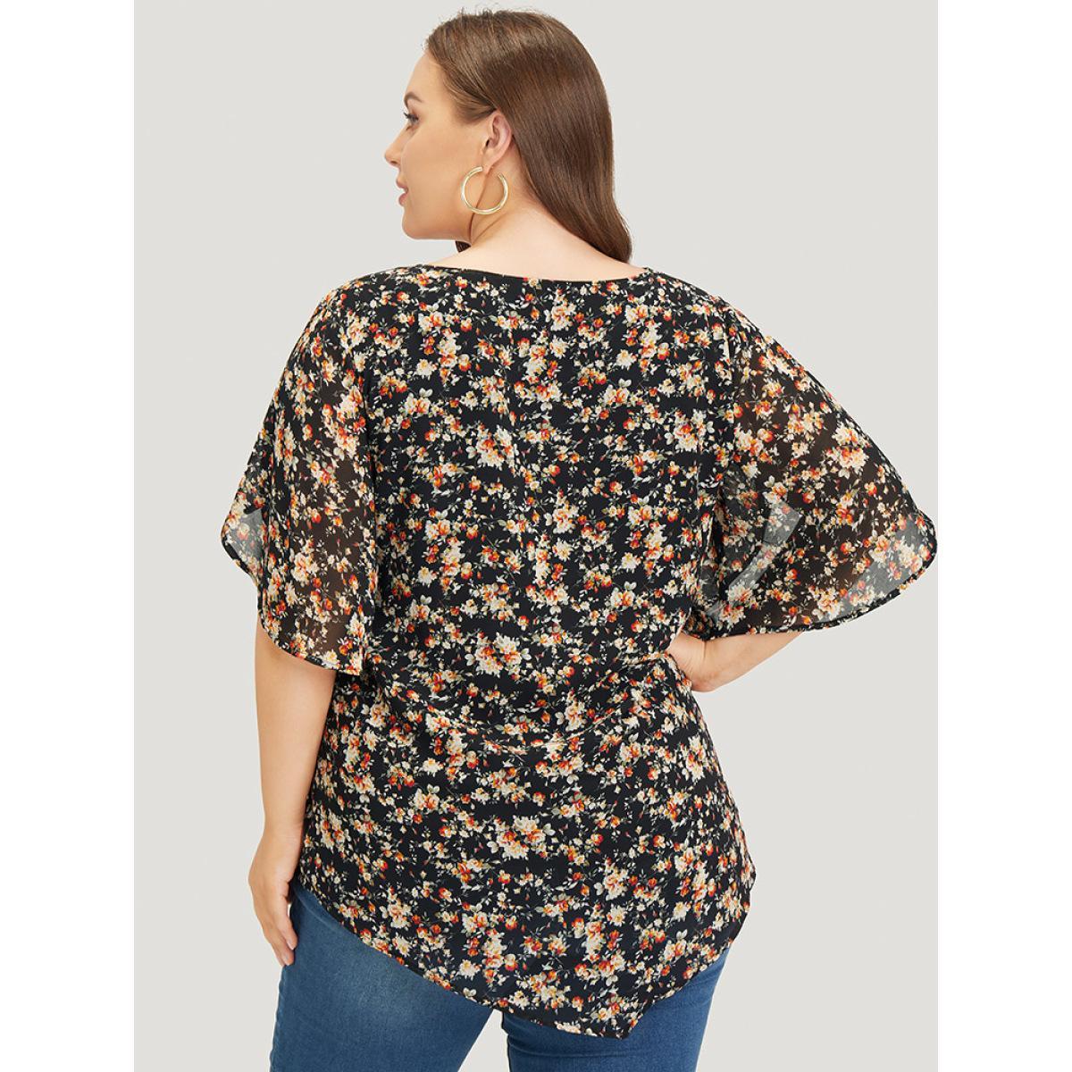 Plus Size Black Ditsy Floral Split Petal Sleeve Crew Neck Blouse Women Elegant Short sleeve Round Neck Dailywear Blouses BloomChic 12/L Product Image