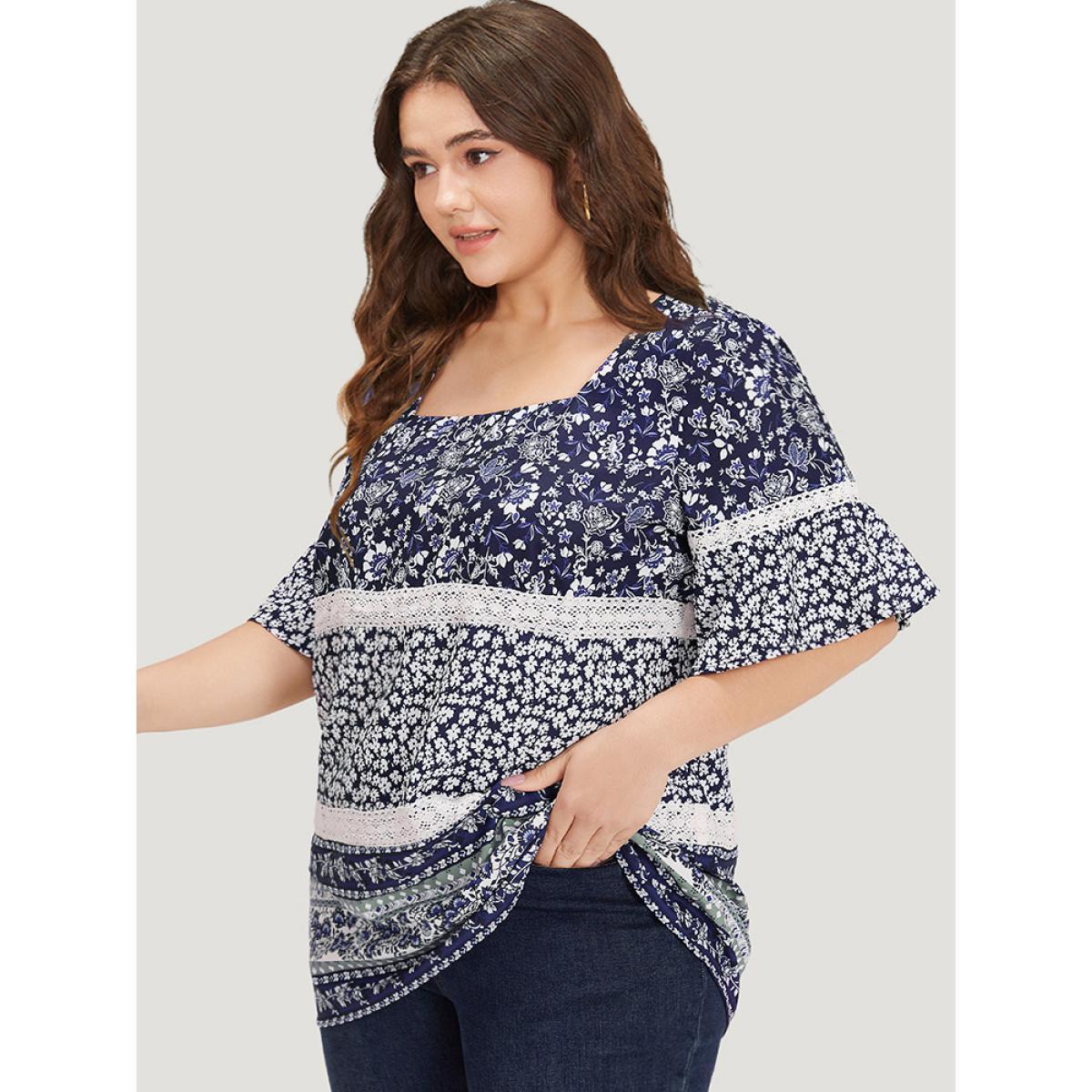 Plus Size Indigo Ditsy Floral Patchwork Square Neck Flutter Sleeve Blouse Women Elegant Half Sleeve Square Neck Dailywear Blouses BloomChic 18-20/2X Product Image