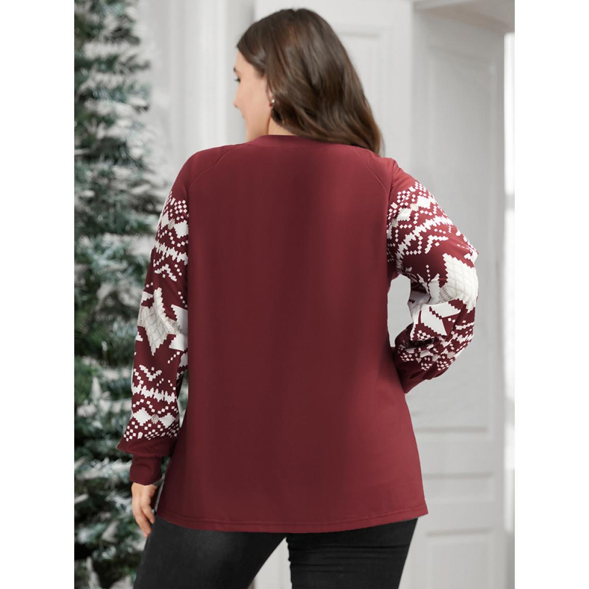 Plus Size Snowflake Print V Neck Drop Shoulder Sweatshirt Women Scarlet Casual Contrast V-neck Festival-Christmas Sweatshirts BloomChic 22-24/3X Product Image