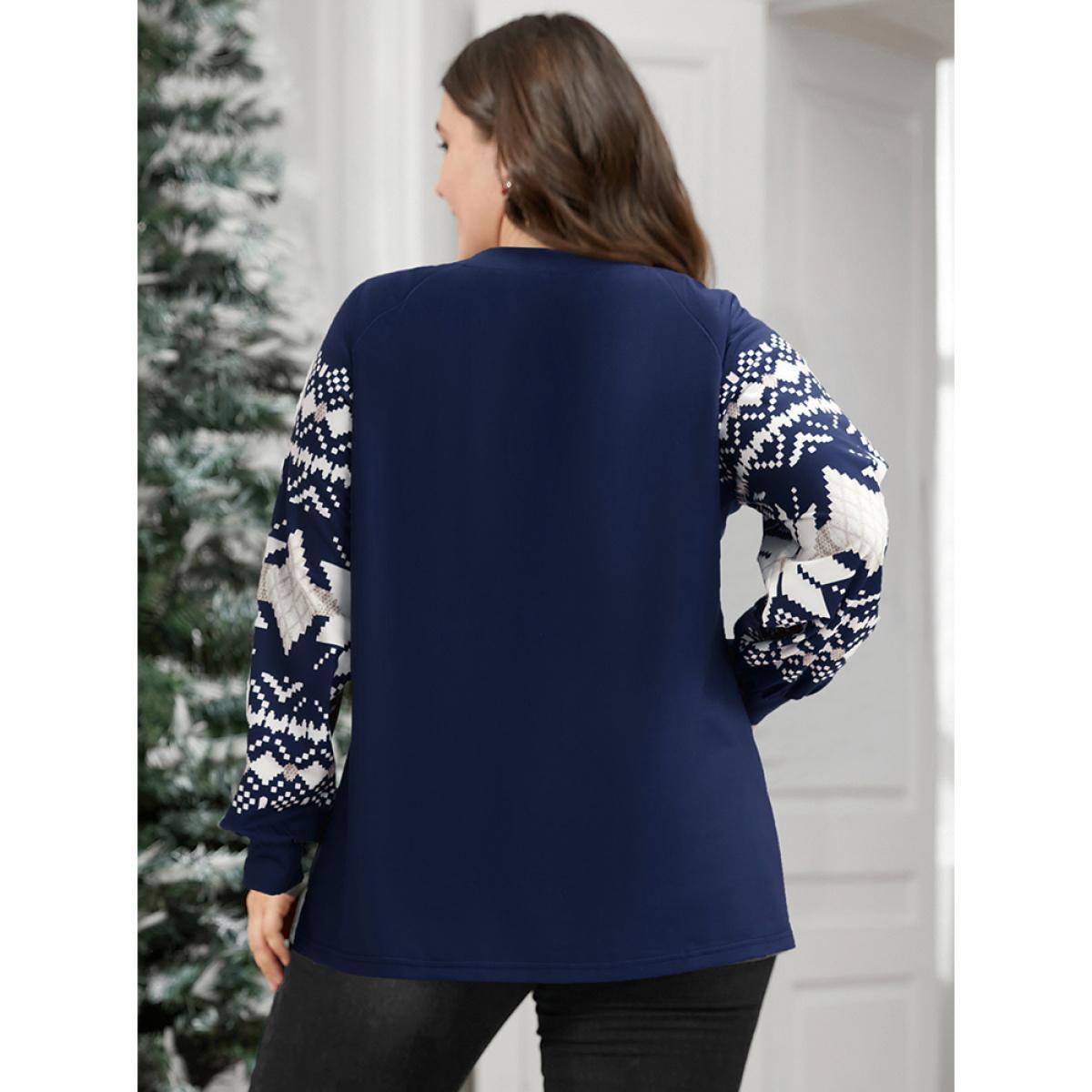 Plus Size Snowflake Print V Neck Drop Shoulder Sweatshirt Women Indigo Casual Contrast V-neck Festival-Christmas Sweatshirts BloomChic 14-16/1X Product Image