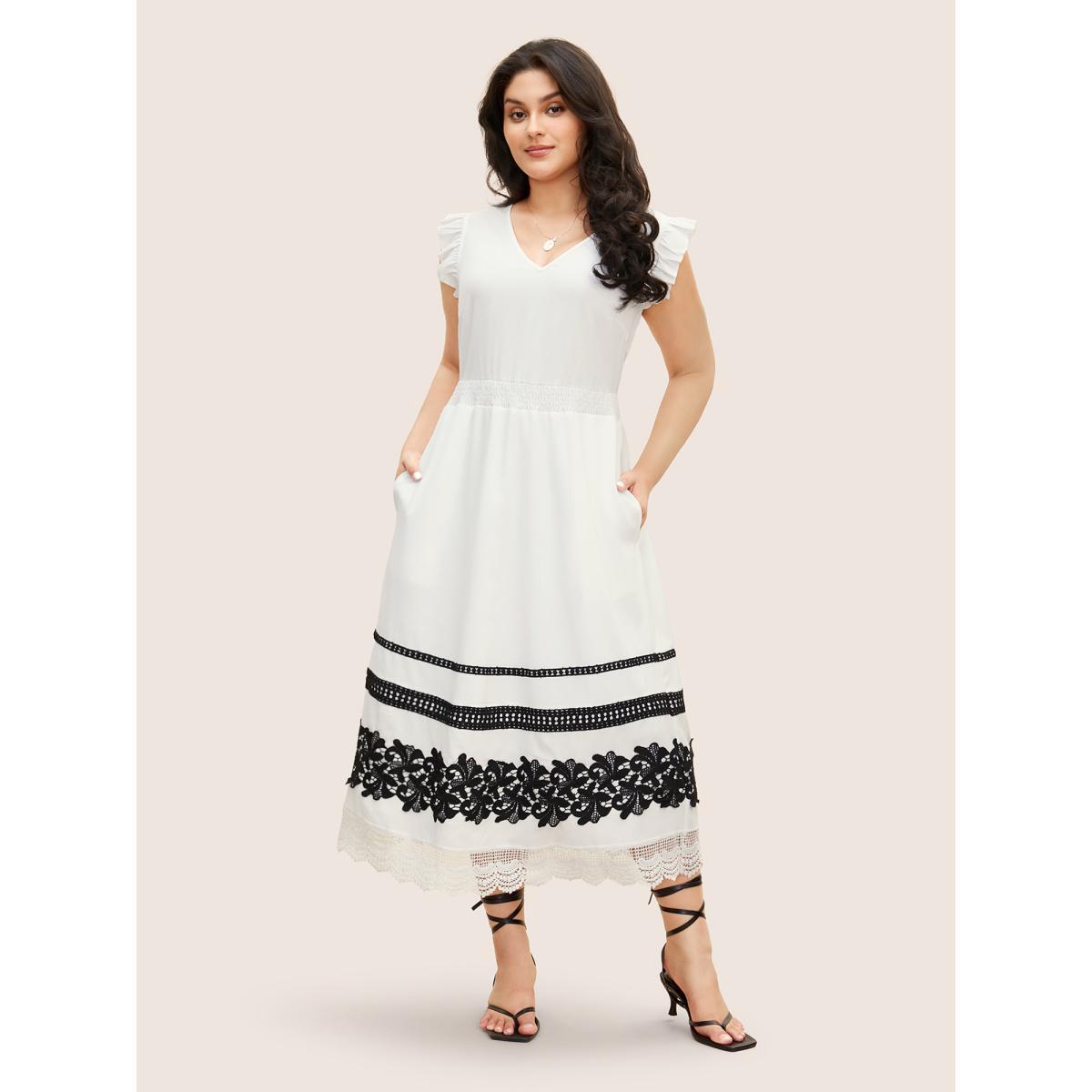 Plus Size V Neck Contrast Lace Trim Ruffles Shirred Dress Ivory Women Elegant Woven ribbon&lace trim V-neck Cap Sleeve Curvy BloomChic 18-20/2X Product Image