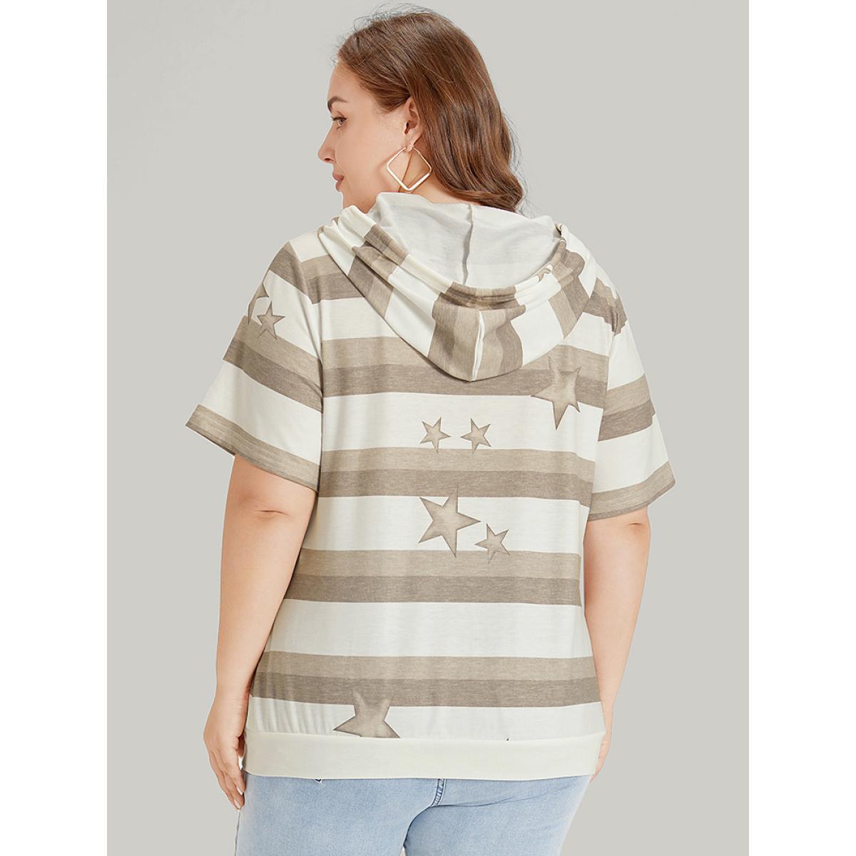 Plus Size Striped & Star Print Hooded Ties Sweatshirt Women Multicolor Casual Printed Hooded Dailywear Sweatshirts BloomChic 18-20/2X Product Image