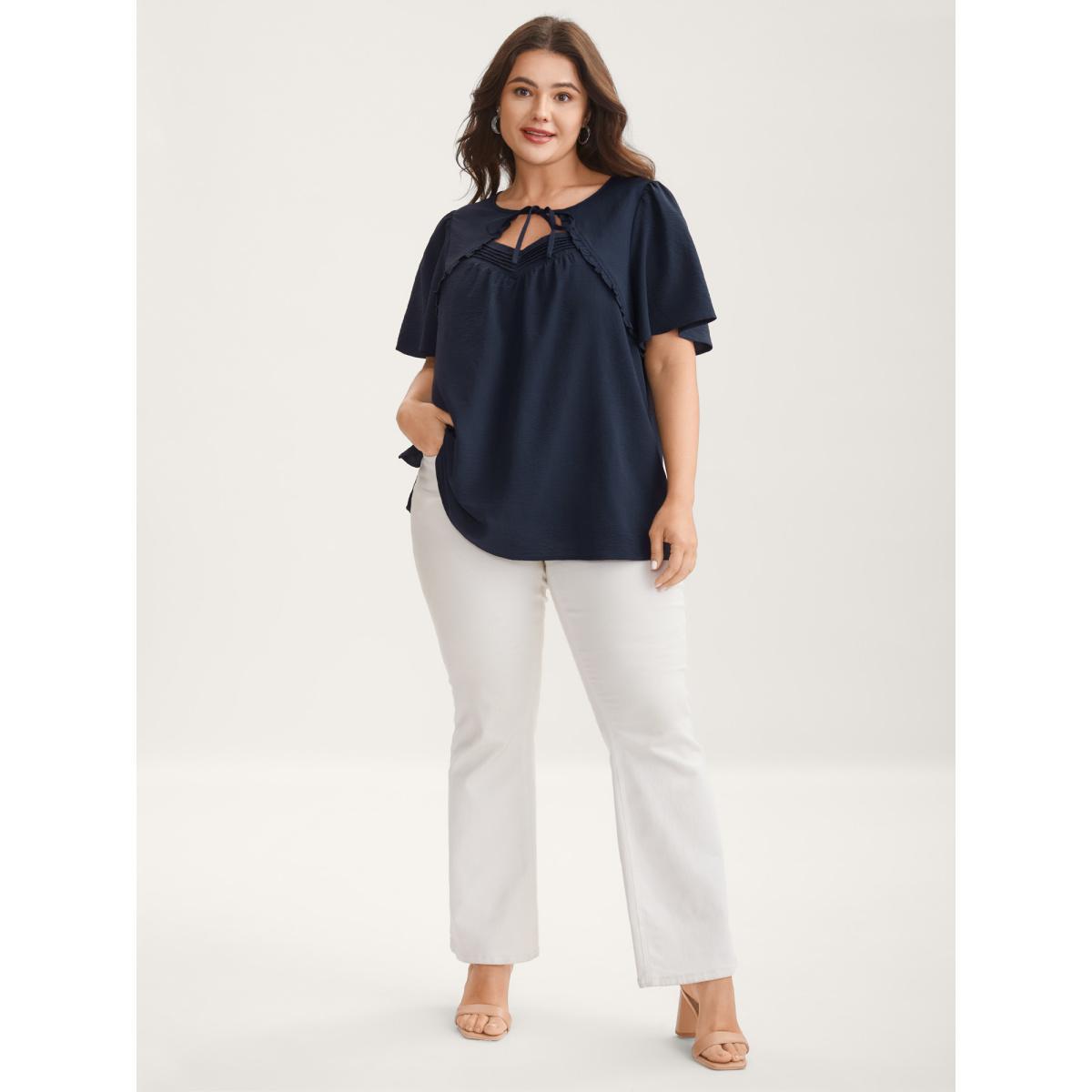 Plus Size Indigo Toothpick Pleated Neck Tie Solid Blouse Women Short sleeve Non Everyday-Elegant Blouses BloomChic 26/4X Product Image