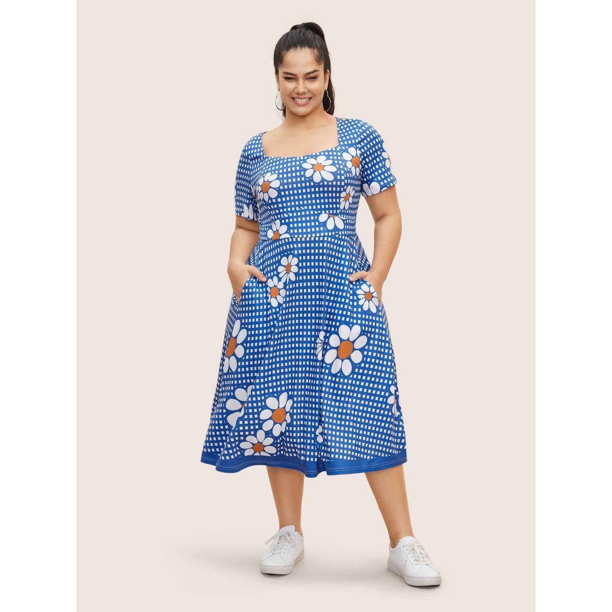Plus Size Gingham Floral Elastic Waist Midi Dress Skyblue Women Casual Non Heart neckline Short sleeve Curvy BloomChic 18-20/2X Product Image