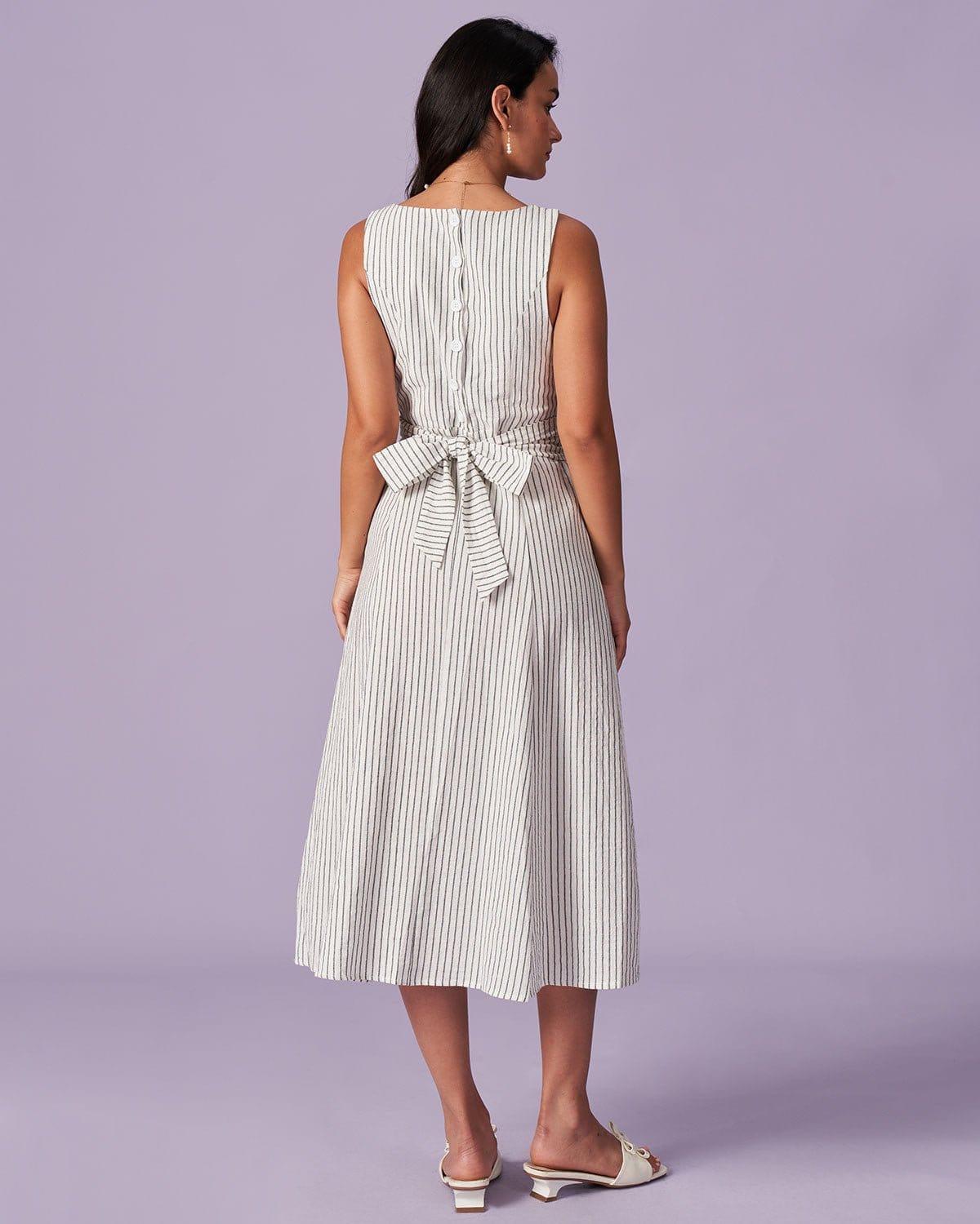 The White Square Neck Striped Midi Dress Product Image
