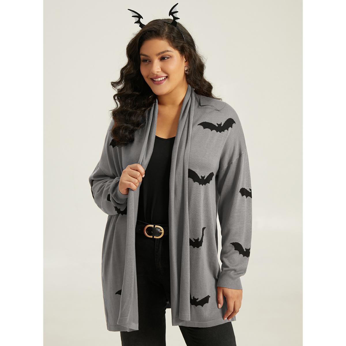 Plus Size Supersoft Essentials Halloween Bat Pattern Lapel Collar Cardigan DarkGray Women Casual Loose Long Sleeve Festival-Halloween Cardigans BloomChic 18-20/2X Product Image