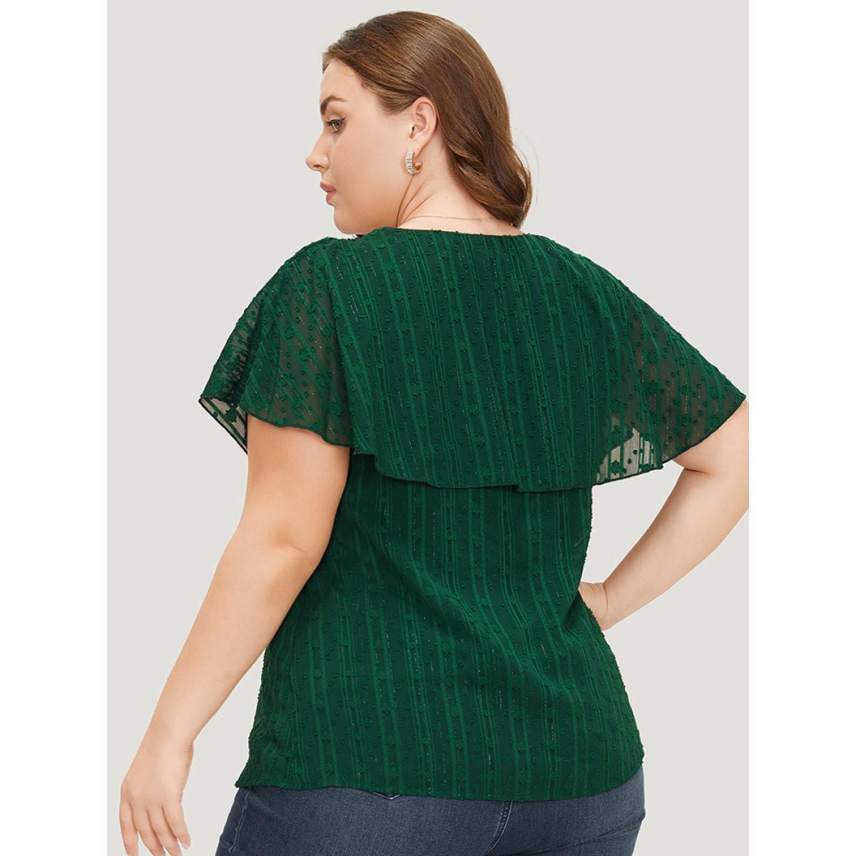 Plus Size DarkGreen Solid Textured Flutter Trim Contrast Lace Blouse Women Elegant Short sleeve V-neck Dailywear Blouses BloomChic 22-24/3X Product Image