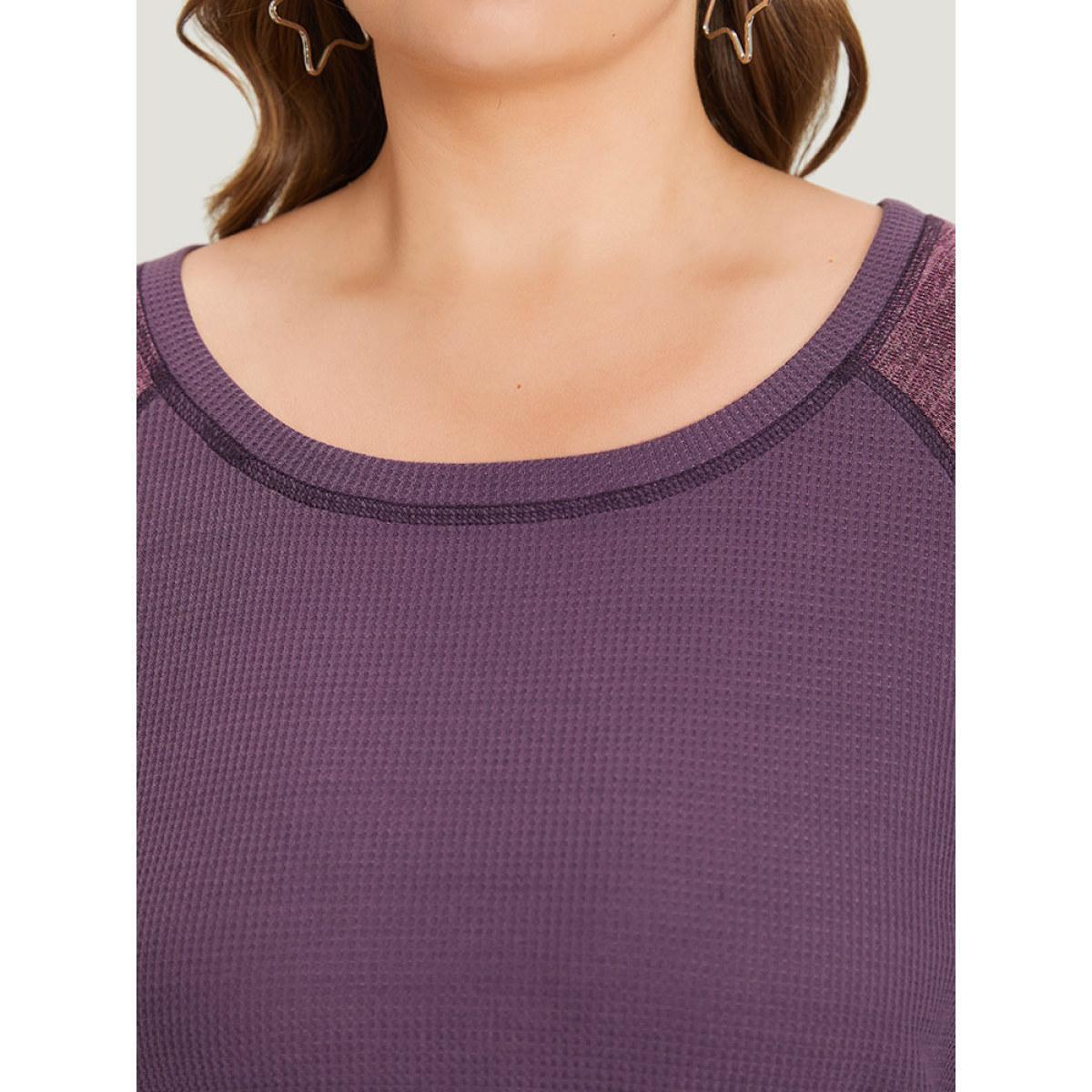 Plus Size Contrast Patchwork Heather Lantern Sleeve Sweatshirt Women Purple Casual Patchwork Round Neck Dailywear Sweatshirts BloomChic 12/L Product Image