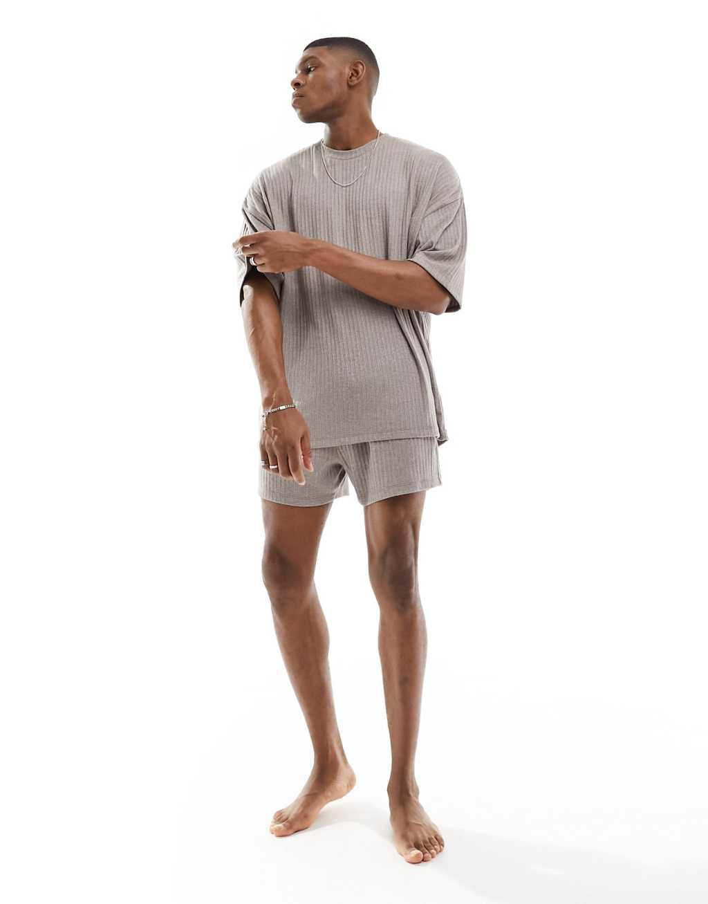 ASOS DESIGN loungewear set with t-shirt and shorts in stone textured rib Product Image