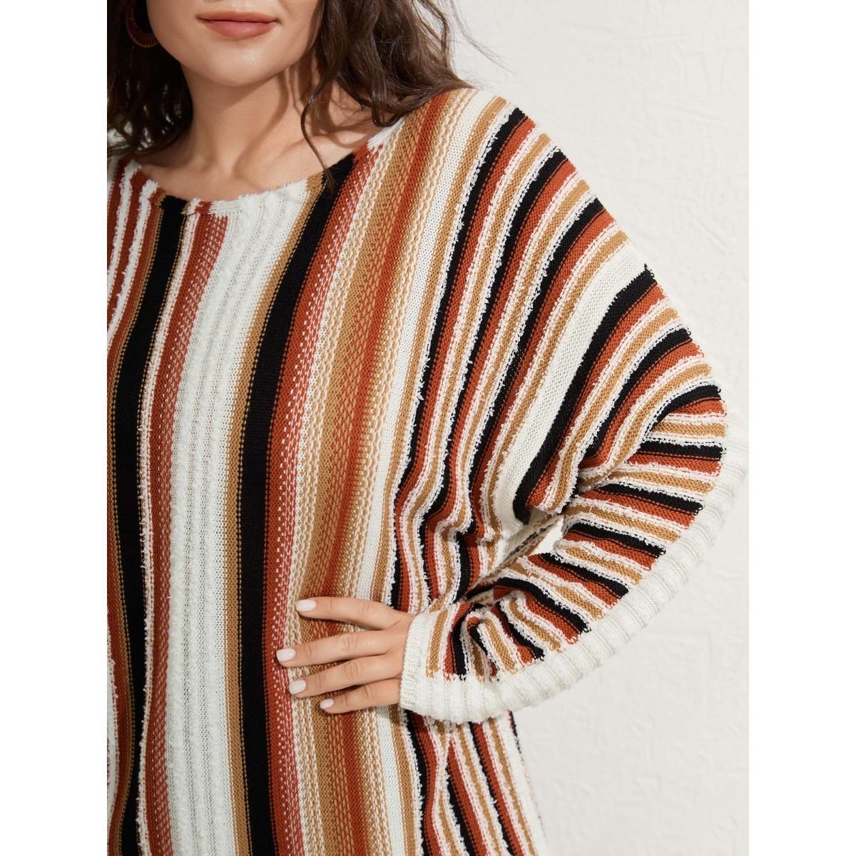 Plus Size Earthy Stripes Drop Shoulder Lightweight Pullover Ivory Women Resort Loose Long Sleeve Boat Neck Vacation Pullovers BloomChic 28/5X Product Image