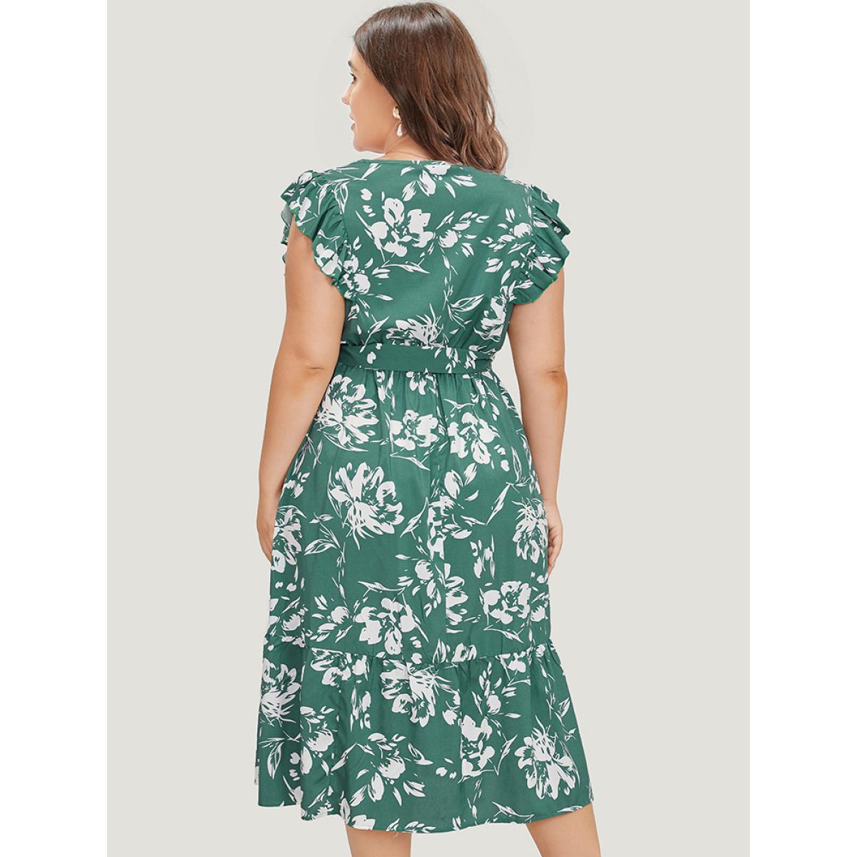 Plus Size Floral Print Belted Ruffle Cap Sleeve Pocket Dress Green Women Elegant Wrap V-neck Cap Sleeve Curvy Midi Dress BloomChic 14-16/1X Product Image