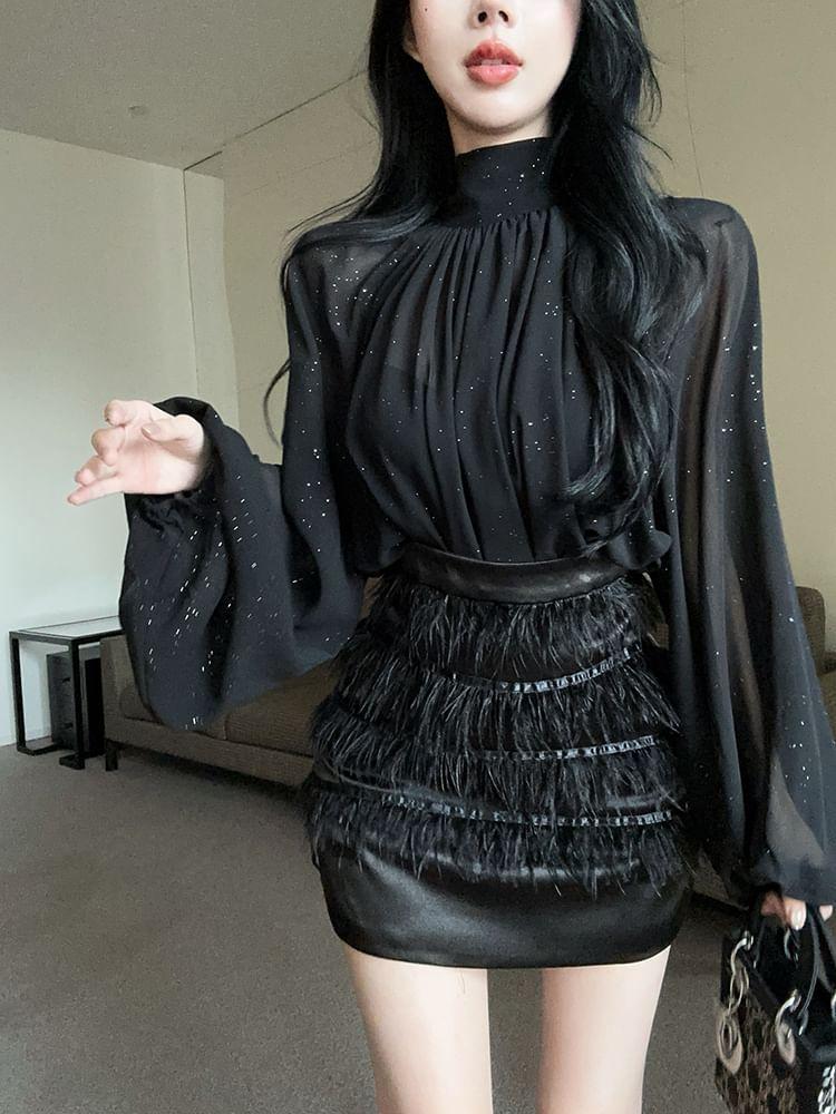 Long-Sleeve Mock Neck Plain Glitter Blouse / High Rise Fringe Mini Pencil Skirt Product Image