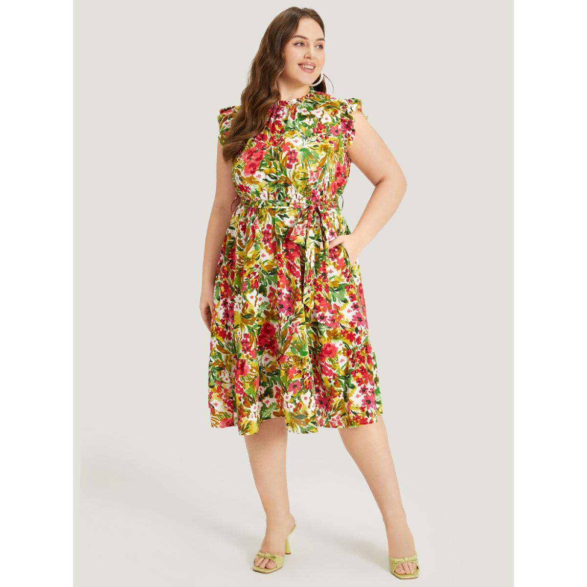 Plus Size Pixel Flower Ruffle Trim Pocket Belt Mock Neck Knee Dress Apricot Women Elegant Gathered Mock Neck Cap Sleeve Curvy Midi Dress BloomChic 18-20/2X Product Image