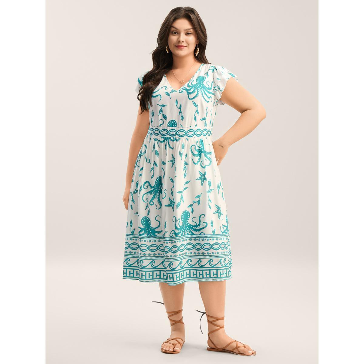 Plus Size Geometric Print V Neck Midi Dress Teal Women V-neck Cap Sleeve Curvy BloomChic 18-20/2X Product Image