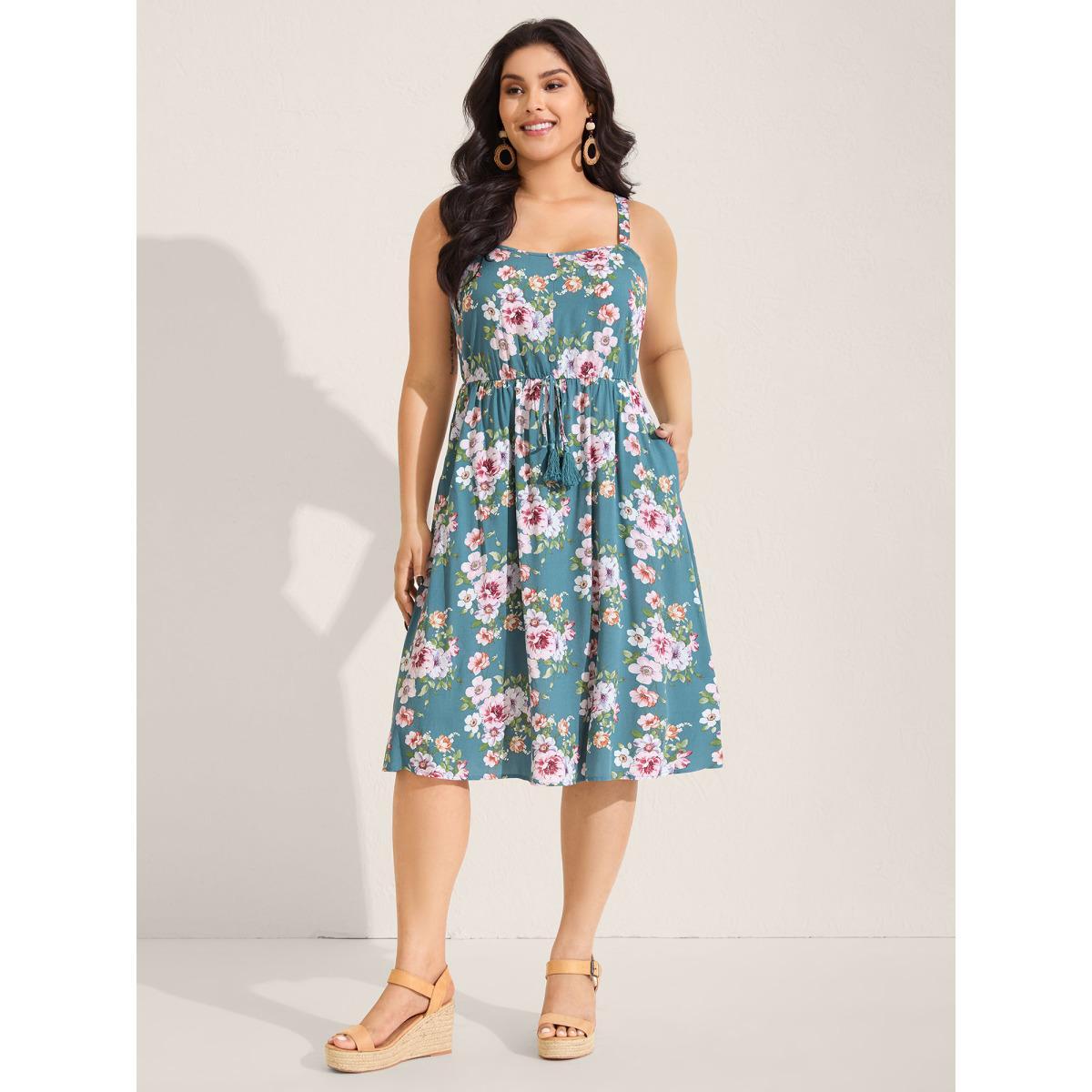 Plus Size Large Floral Print Cinched-Waist Midi Dress Stone Women Square Neck Sleeveless Curvy BloomChic 18-20/2X Product Image