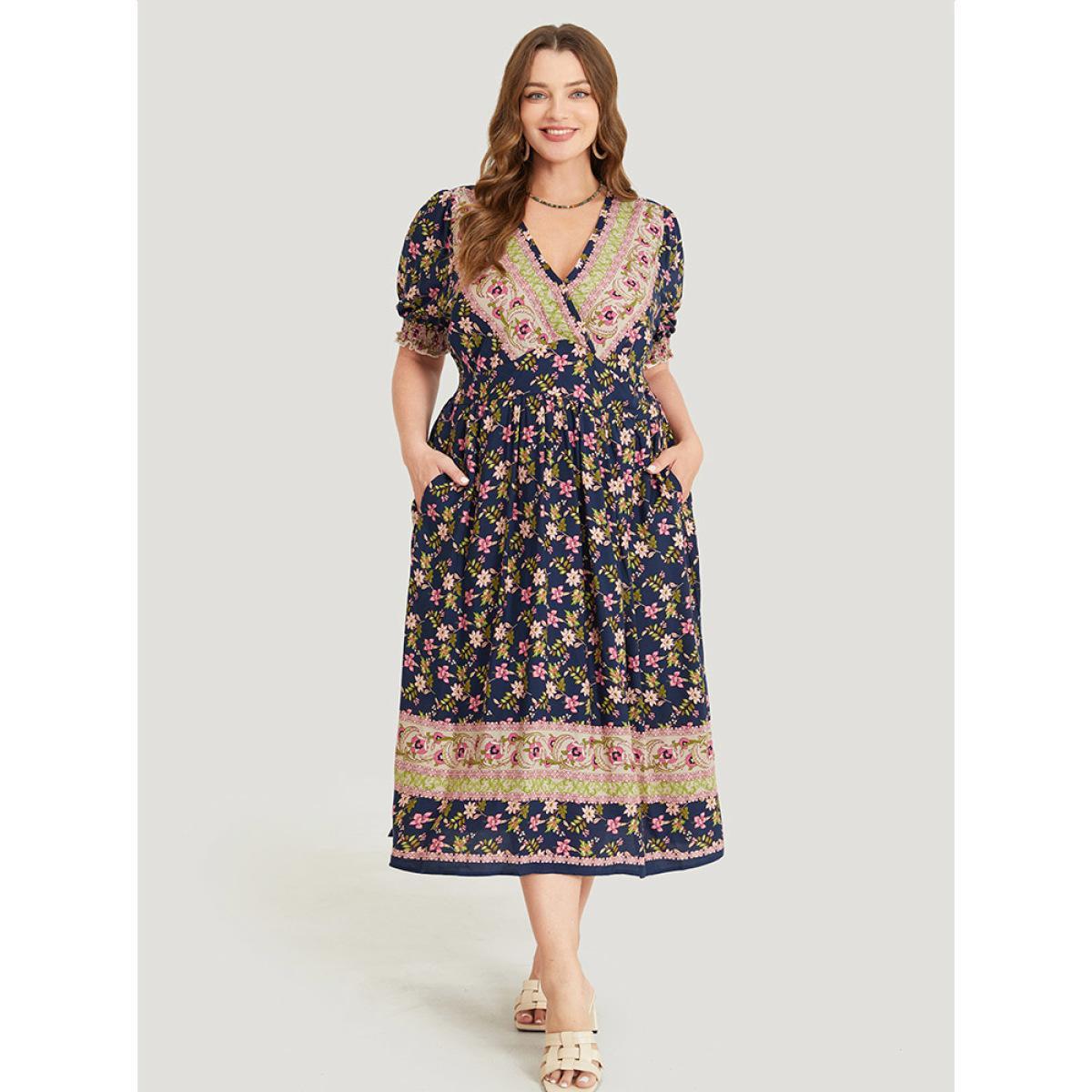 Plus Size Bandana Print Surplice Neck Pocket Shirred Puff Sleeve Dress Indigo Women Vacation Overlap Collar Short sleeve Curvy Midi Dress BloomChic 18-20/2X Product Image