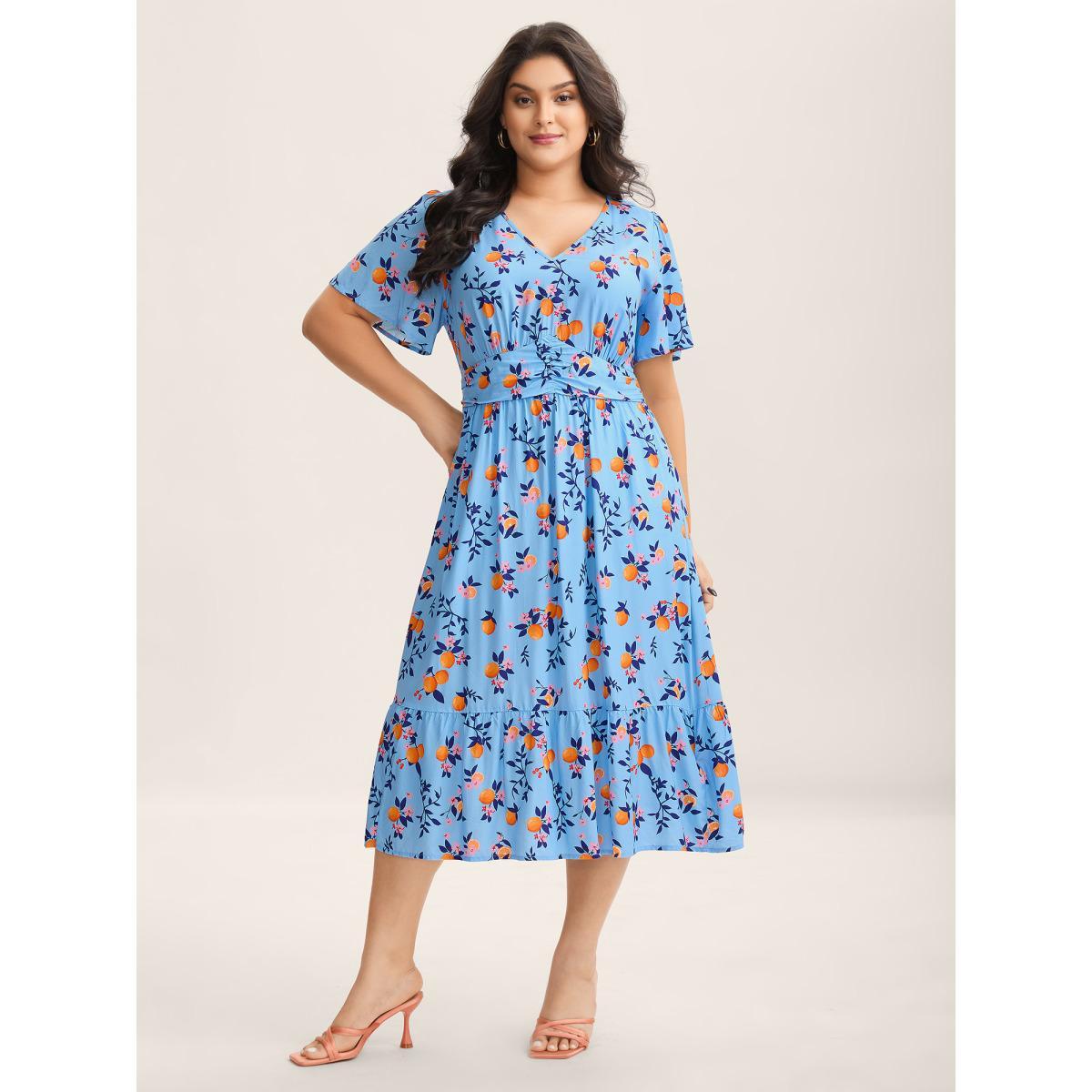 Plus Size Citrus Print Cinched-Waist Midi Dress Skyblue Women V-neck Short sleeve Curvy BloomChic 10/M Product Image
